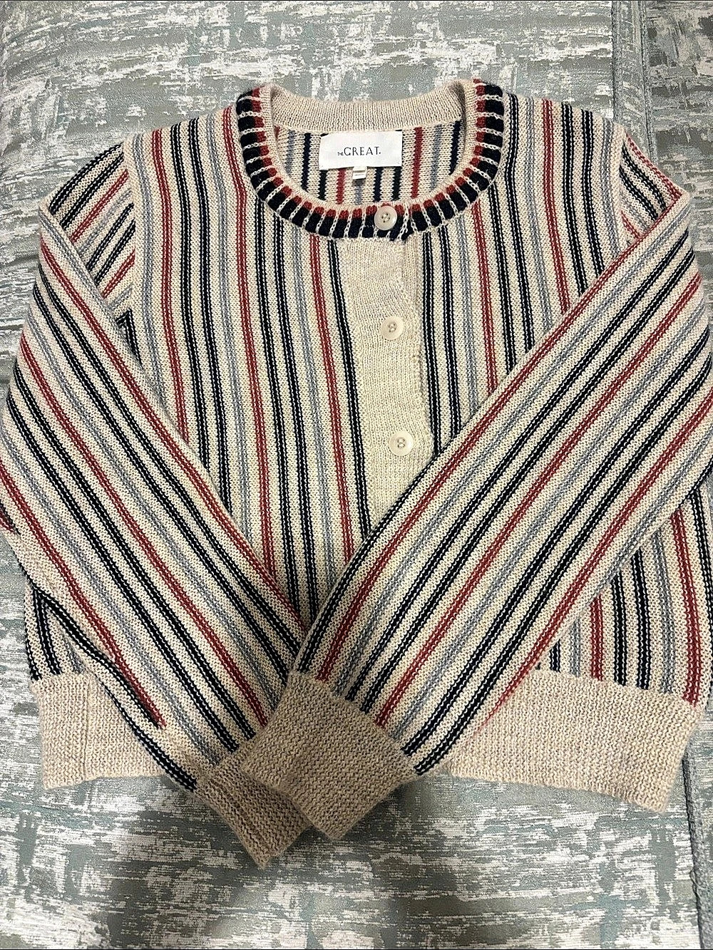 The Great. Cardigan. Striped Cropped Cream & Blue